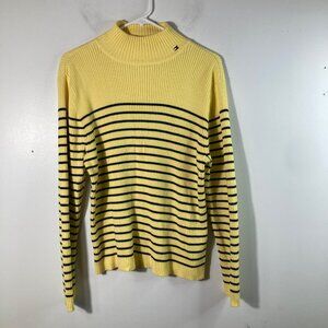 Womens Vintage Tommy Hilfiger Striped Cotton Turtle Neck Sweater XL Yellow Blue